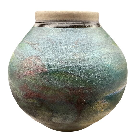 Ben Diller Raku Bear Vase With Native American Design 5.5"H x 5"W Handmade - Picture 3 of 9